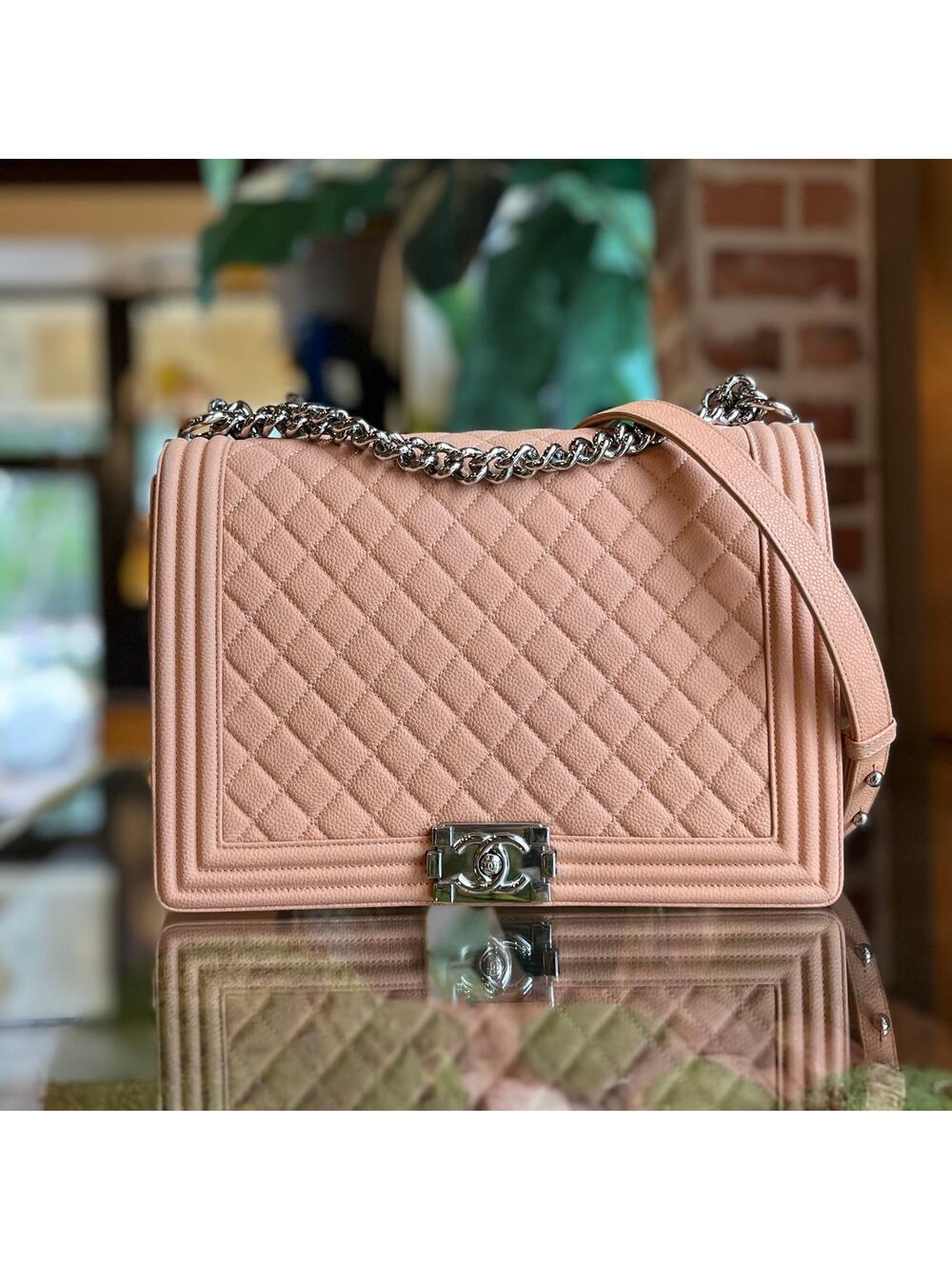 CHANEL Large Boy Bag Peach Quilted Matte Caviar Leather Shoulder Bag